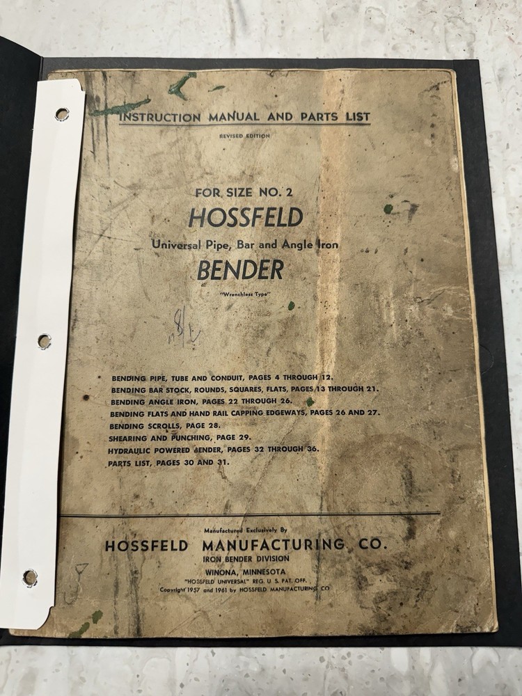 OME Hossfeld Universal Model No.2 Bender Instruction & Parts Manual