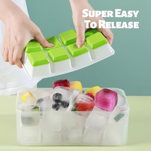 Large Ice Cube Trays with Lid, 2 Pack Stackable Silicone Ice Cube Molds Green