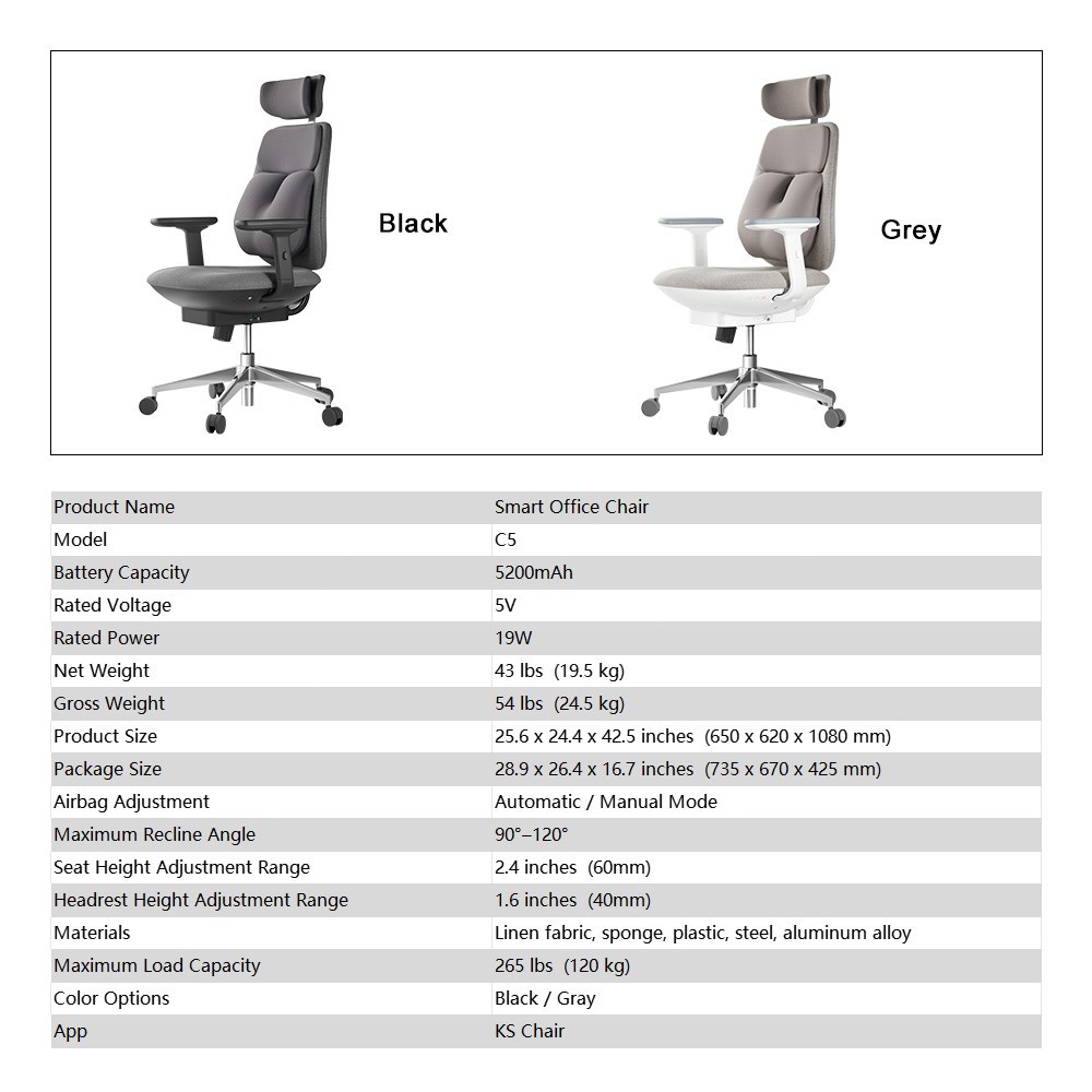 Smart Office Chair C5 For Multi-Functional Height-Adjustable Inflatable Heated