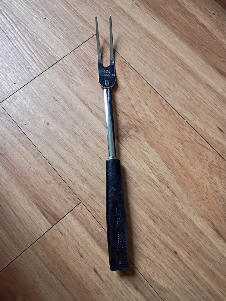 EKCO Chromium Plated Carving Fork Silver Black Plastic Handle American Flatware