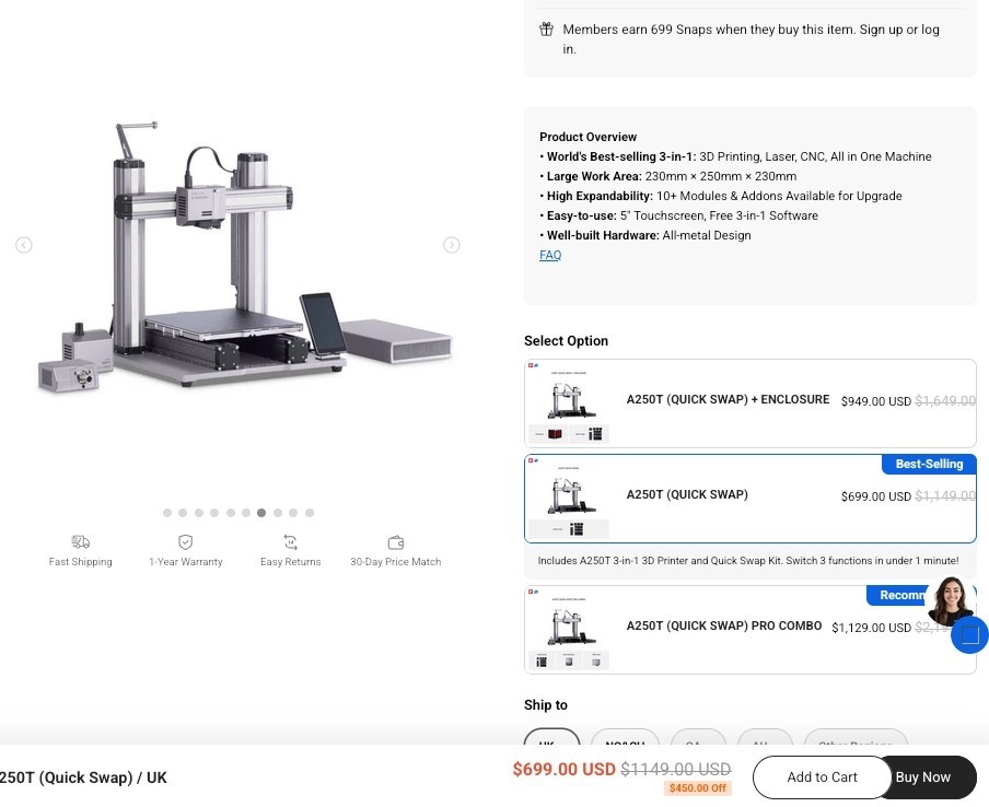 Snapmaker 2.0 Modular 3 in 1 3D Printer A250T