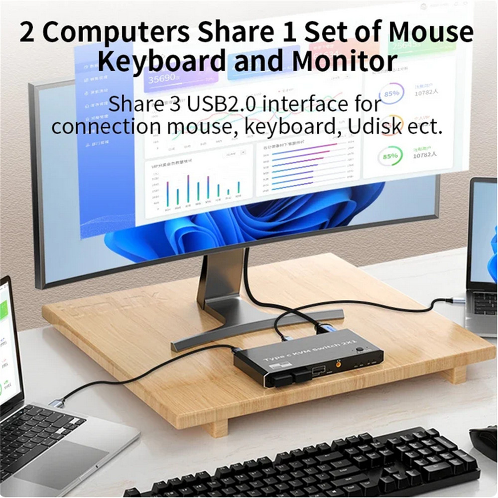 2x1 8K USB C KVM Switch 3.5mm 100W PD Charge Type C KVM Switch Share Accessories