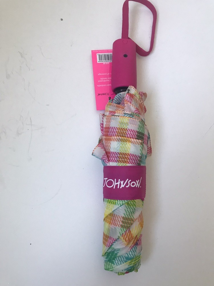 BETSEY JOHNSON MULTICOLORED RAINBOW GINGHAM COMPACT AUTO OPEN UMBRELLA NWT