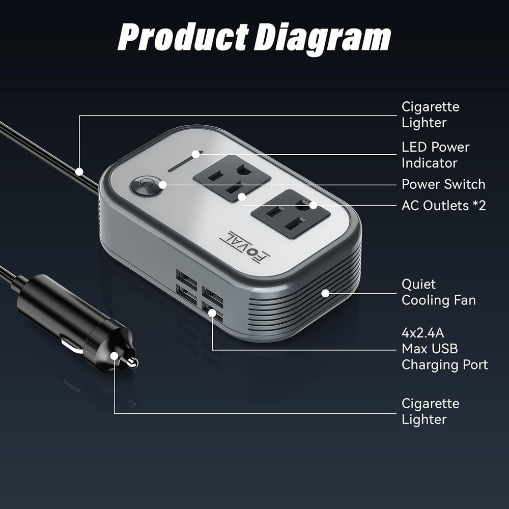 Lightweight 200W Inverter for Vehicles - 4 USB Ports for Efficient Charging