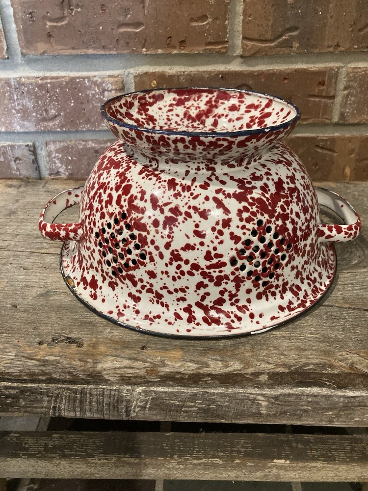 Vintage Dark Red Speckled Enameled Colander Strainer