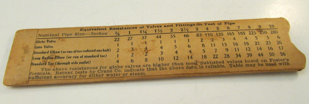 1936 J.O. Ross Engineering Plastic Pipe Size Ruler Selector for Steam & Water