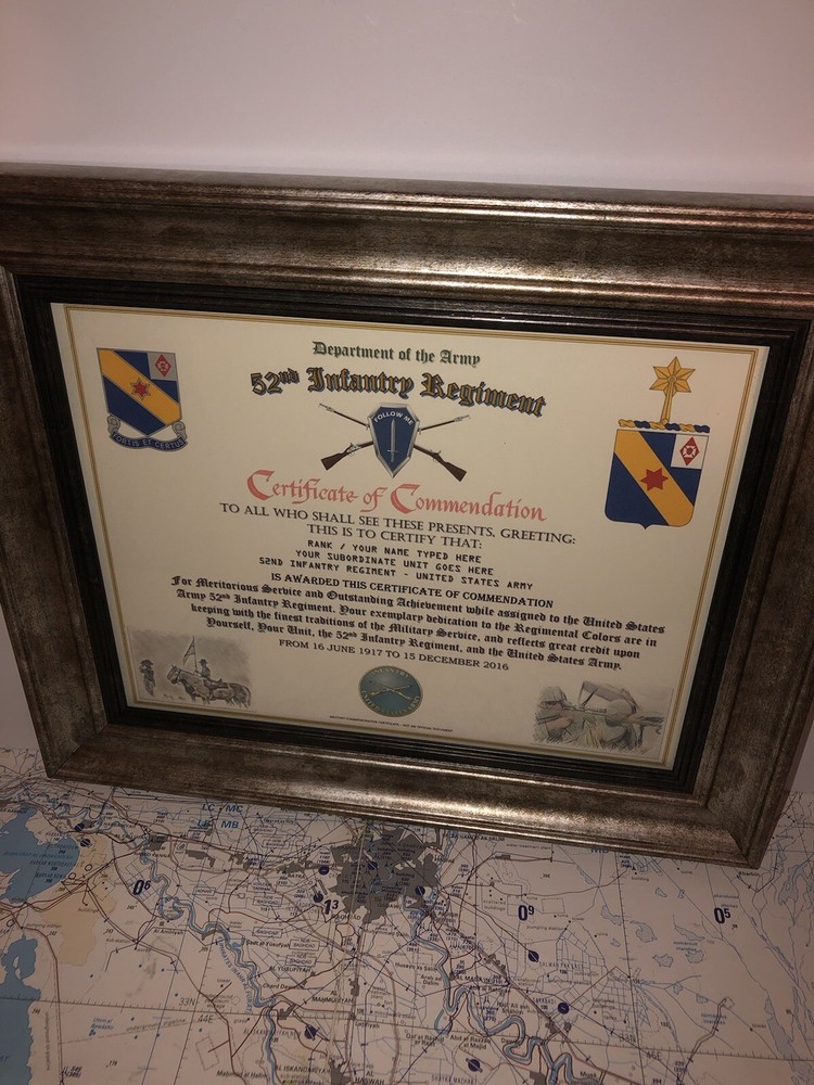 52ND INFANTRY REGIMENT / COMMEMORATIVE - CERTIFICATE OF COMMENDATION