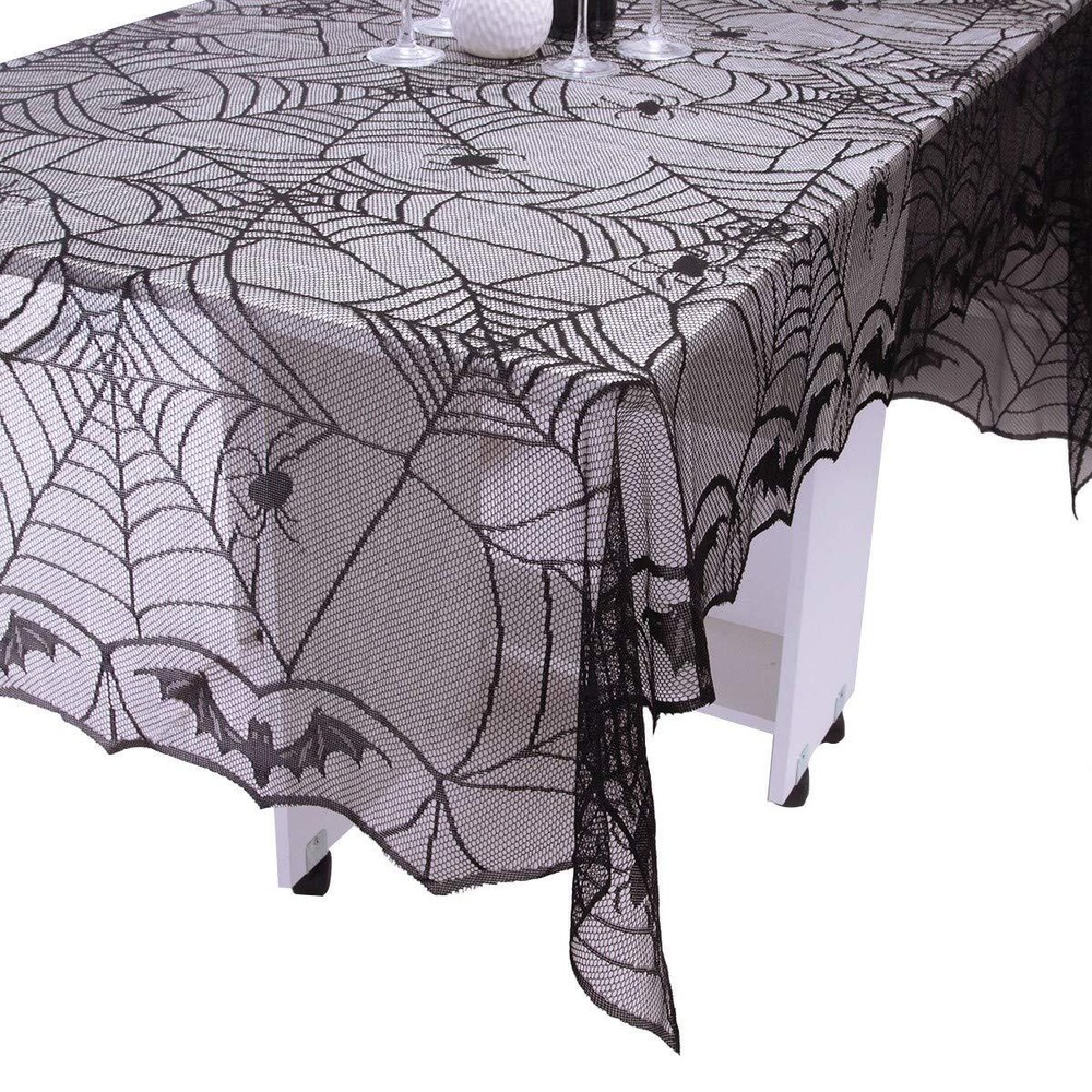 Rectangular Polyester Lace Tablecloth Black Spider Web Table Topper for Hallo...