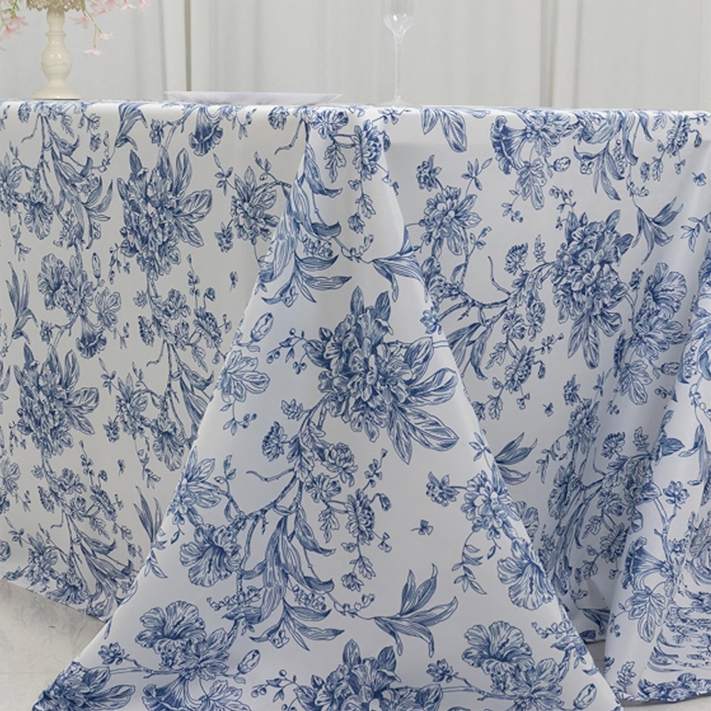 90" x 132" Blue French Toile Pattern Polyester Rectangular Tablecloth