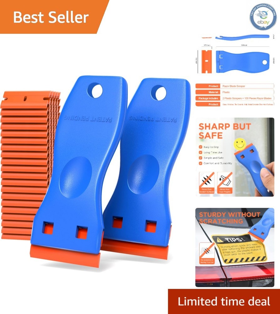 Multi-Purpose Plastic Razor Blade Scraper Kit - 100 No Scratch Blades Included
