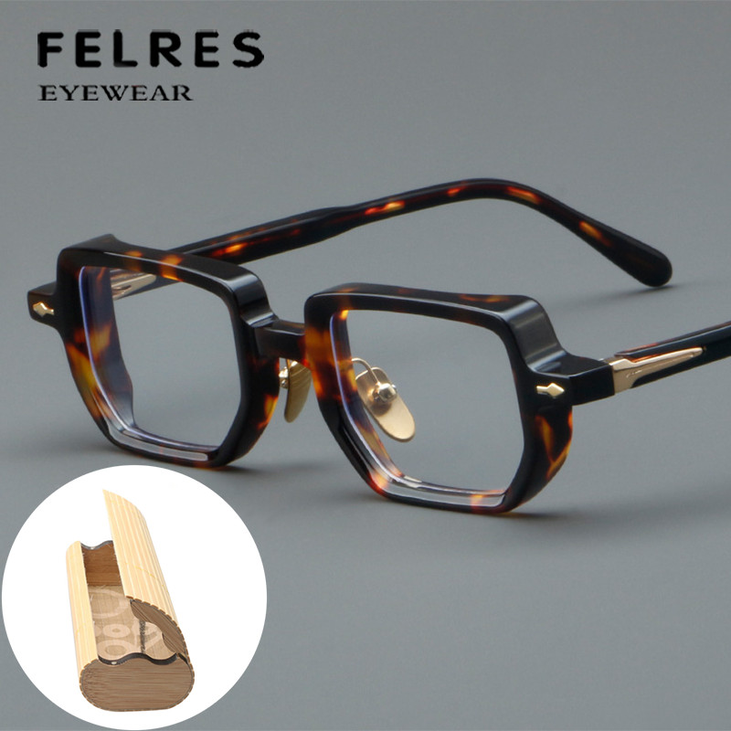 Acetate Frame Square Eyeglasses Men Classical Premium Eyewear With Bamboo Box