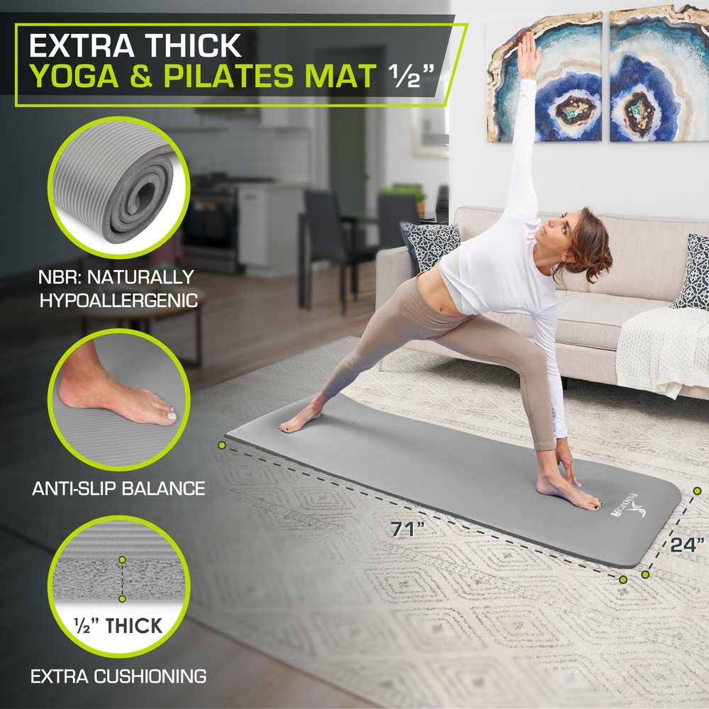 ProsourceFit Extra Thick Yoga Pilates Mat ½" 71" Long High Density Exercise