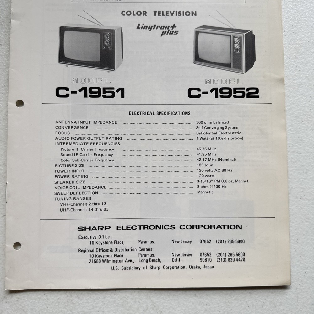 Sharp Electronics Color Television Models C-1951 & C-1952 Service Information