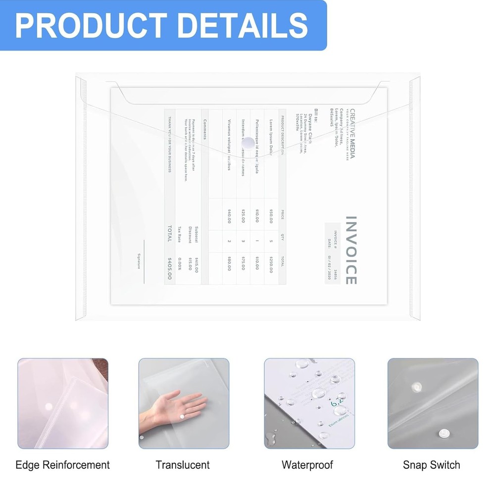 100 Pack Plastic Envelopes A4 Letter Size Plastic Envelope Clear Document Fol...