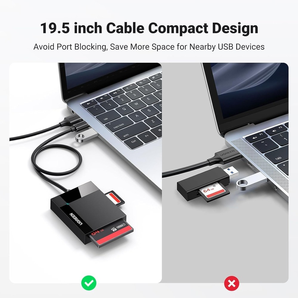 Portable USB 3.0 SD Card Reader for Quick 4 Card Access - Compact Black Hub