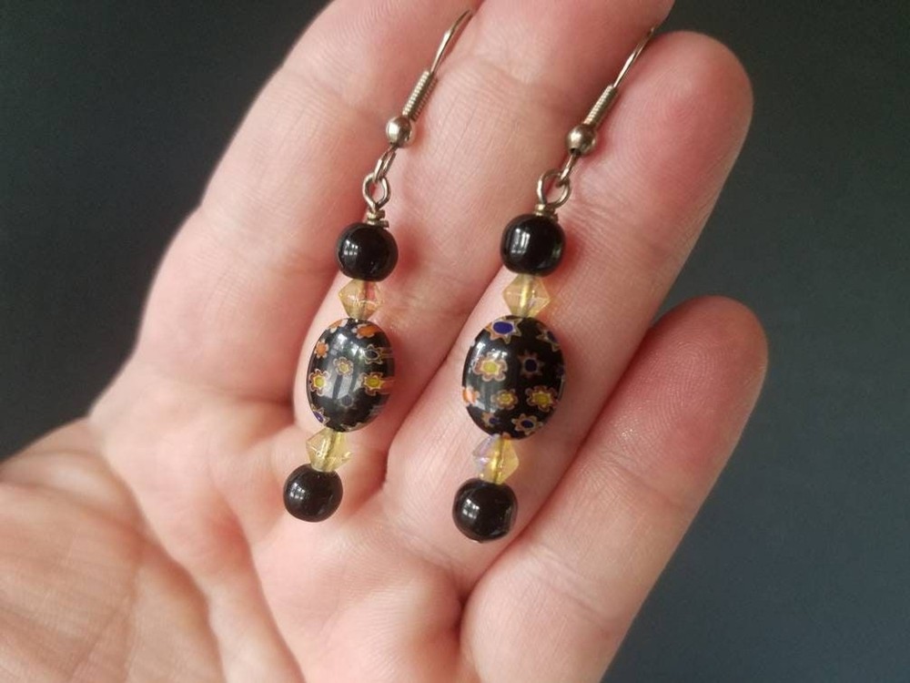 Black Beaded Dangling Earrings