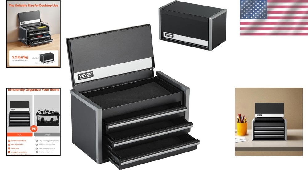 8.6-Inch Black Tool Box - Durable 3 Drawer Organizer for Small Items