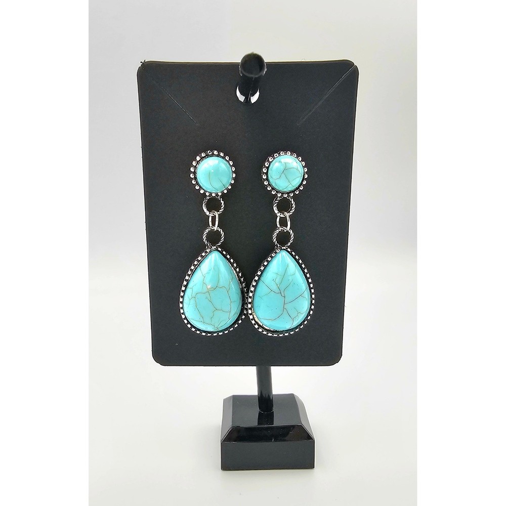 SILVER TONE TURQUOISE TEARDROP DANGLE & STUD EARRING SET Boho Western Pair