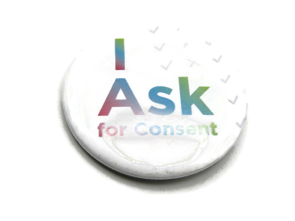 I Ask For Consent Pinback Button Social Awareness Slogan Rainbow Gradient
