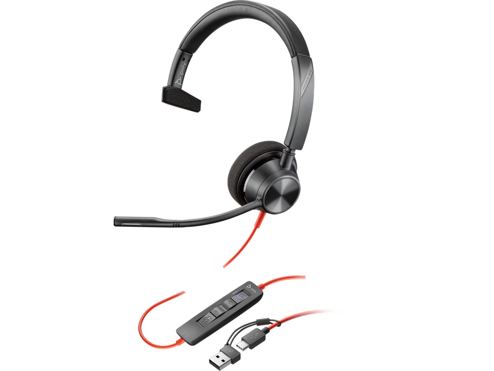 Poly Blackwire 3310 Monaural Microsoft Teams Certified USB-C Headset +USB-C/A
