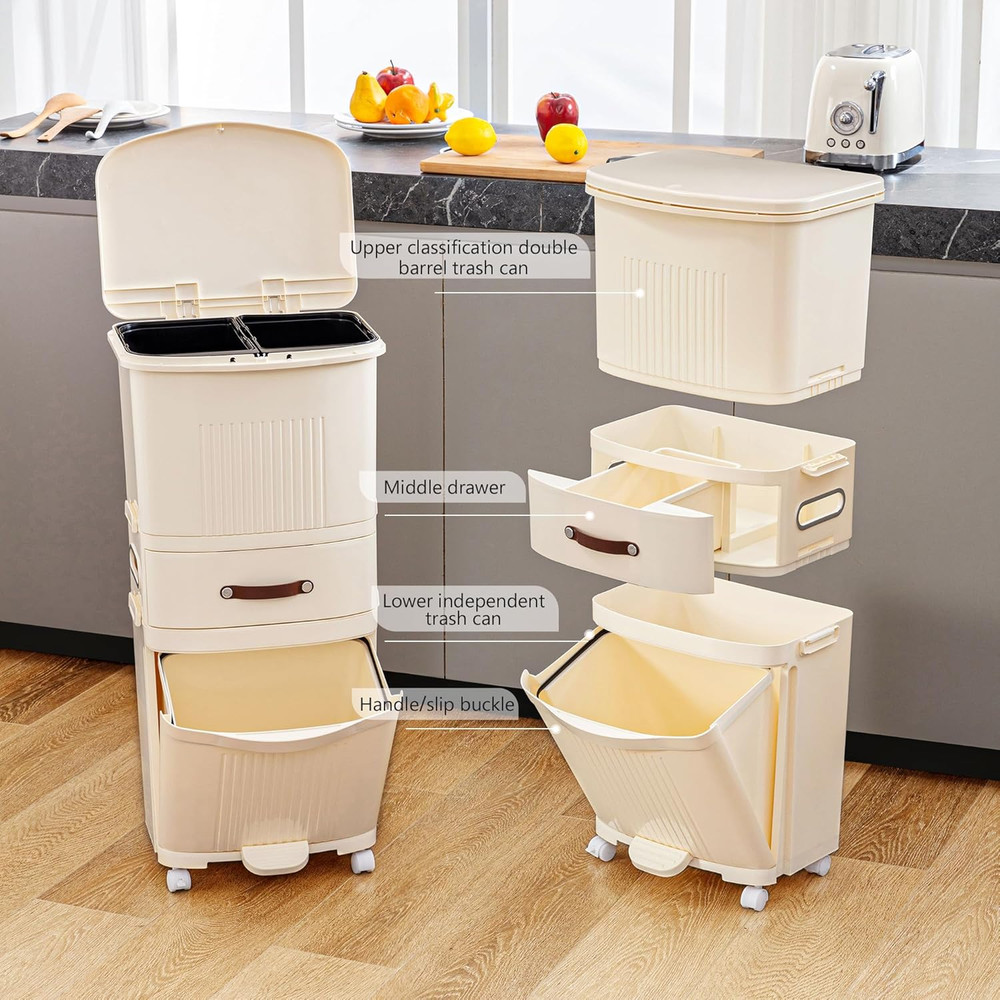 12 Gal Kitchen Trash Can with Lid, Large-Capacity Double-Layer Sorting Trash Bin