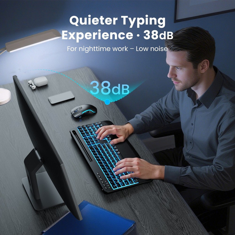 Wireless Keyboard & Mouse, Backlit Quiet Typing w/ Wrist Rest & Phone Holder