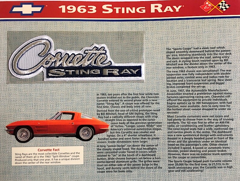 1963 CORVETTE STING RAY SPLIT WINDOW Willabee & Ward PATCH COLLECTION INFO CARD