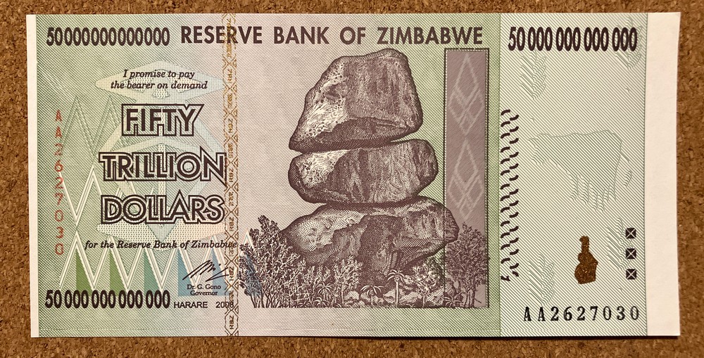 Zimbabwe 50 Trillion Dollars Banknote.