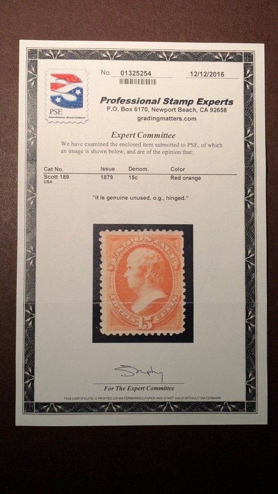 U.S. Stamp #189 VF Hinged with P.S.E. Certificate