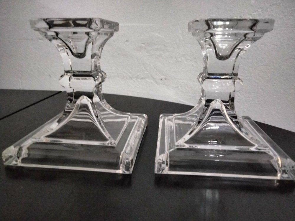 2 Vintage Lead Crystal Clear Candle Stick Holders Rectangular 5" tall Deluxe 1