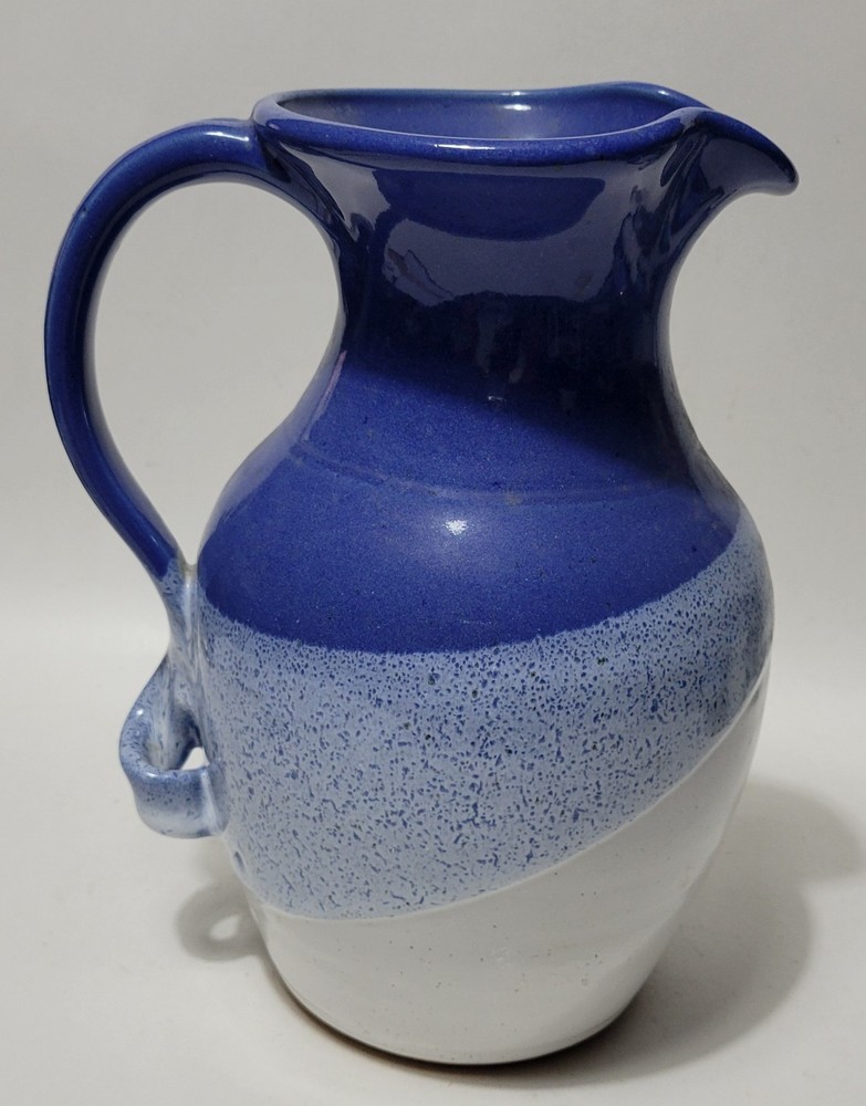Signed Studio Art Pottery Blue White Pitcher With Twisted Handle
