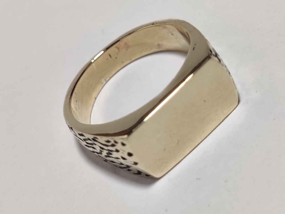 Solid 925 Sterling Silver Gold Plated Rectangle Signet Ring - Textured Men's Ban