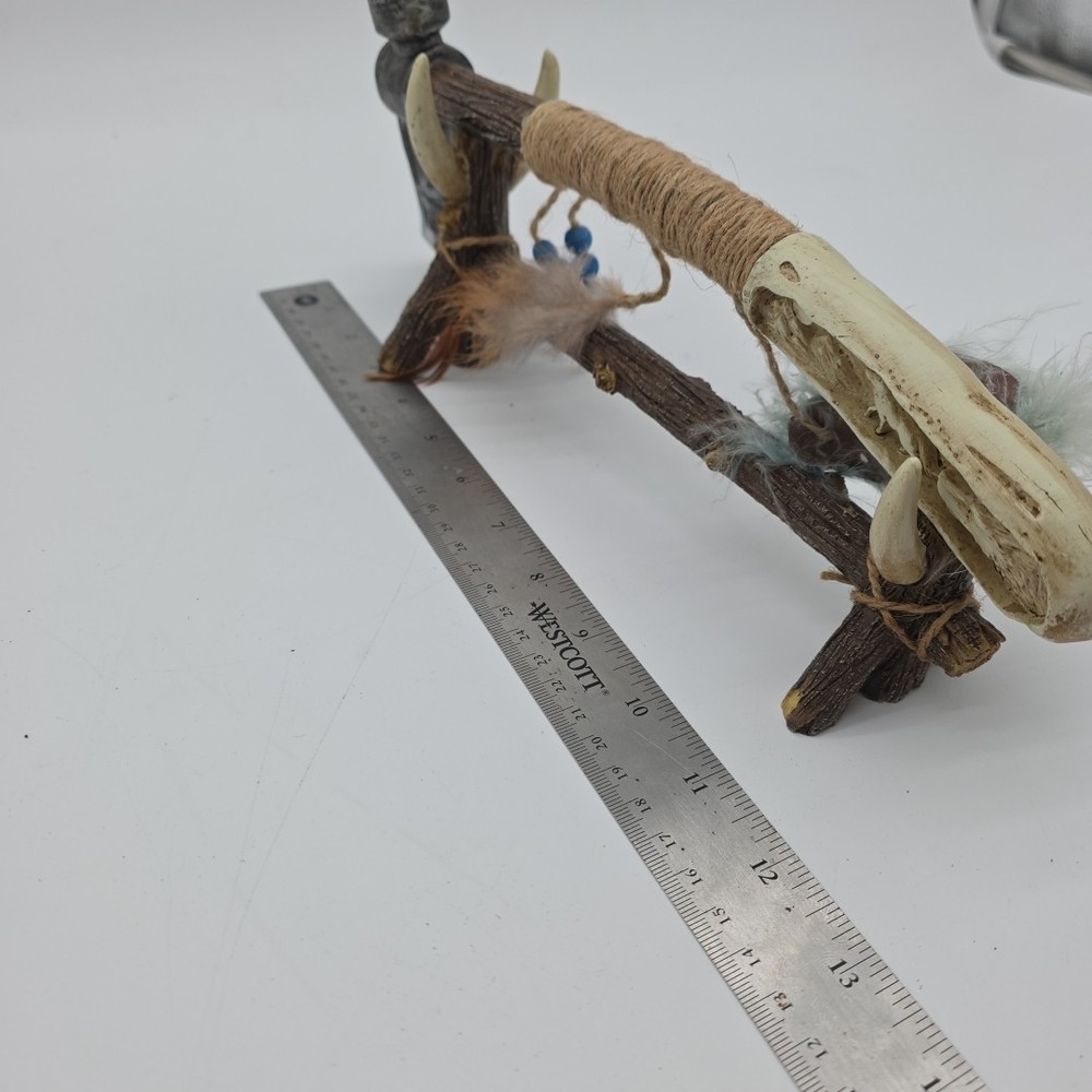 Decorative tribal tomahawk axe primitive bone handle feather display stand