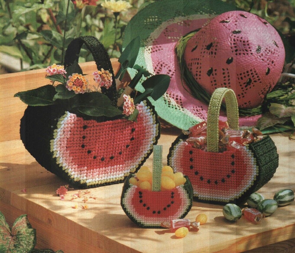 WATERMELON BASKETS 3 SIZES HOME DECOR PLASTIC CANVAS PATTERN INSTRUCTIONS