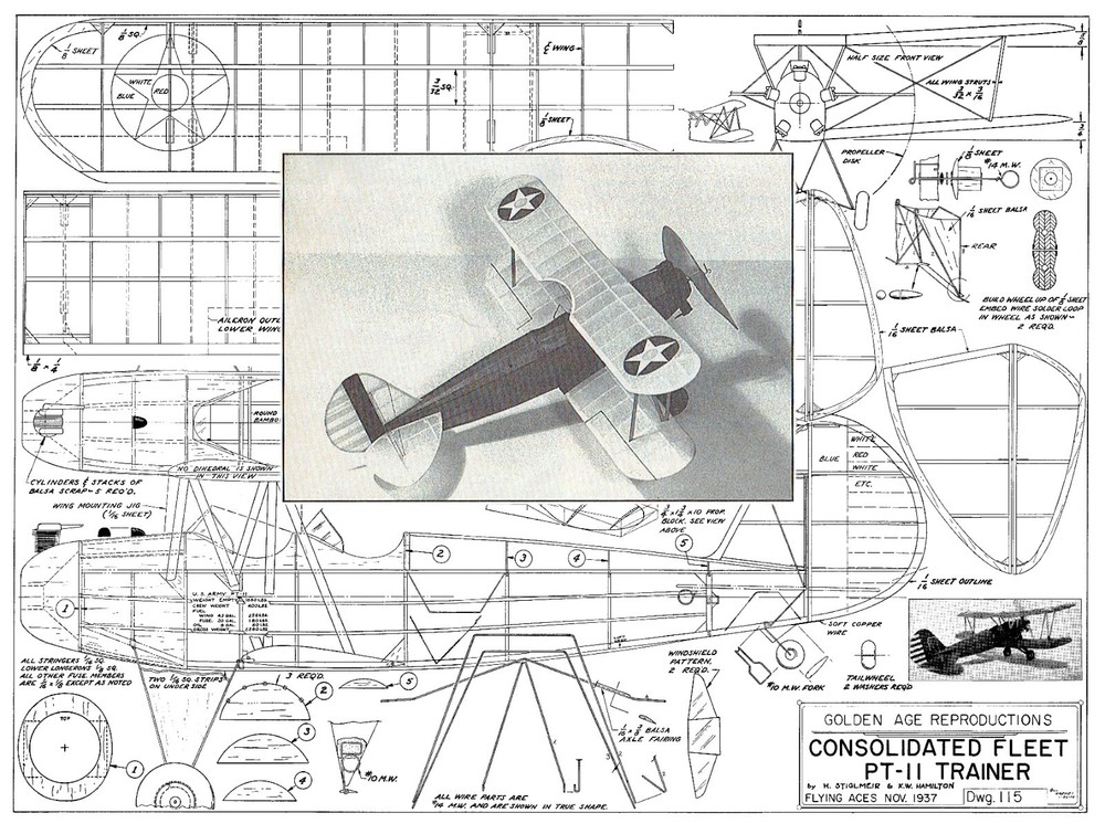 Model Airplane Plans (FF): Consolidate Fleet PT-11 24" Scale Rubber-Powered