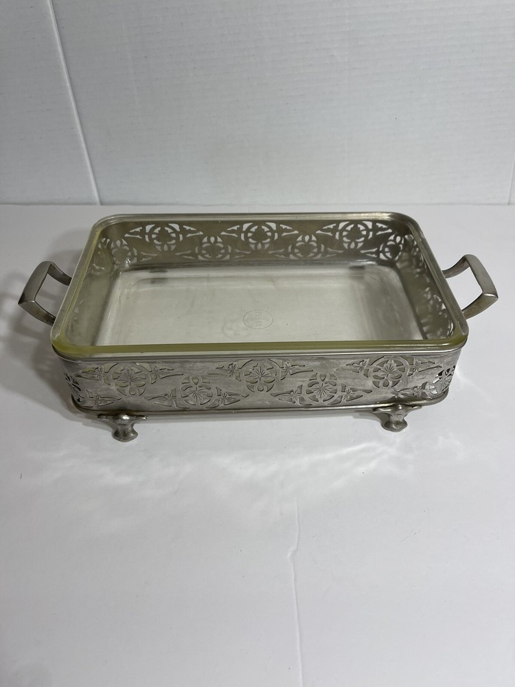 Vtg Footed Rectangular Serving Tray With Pyrex Serving Dish