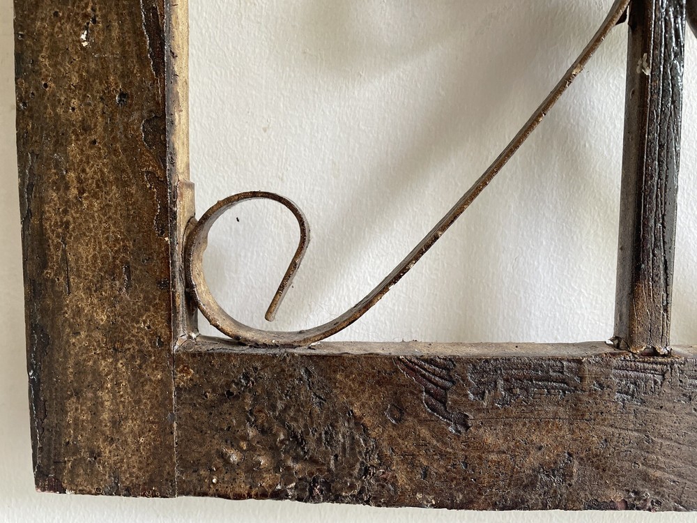 Antique Wood Church Window Frame Iron Scrollwork