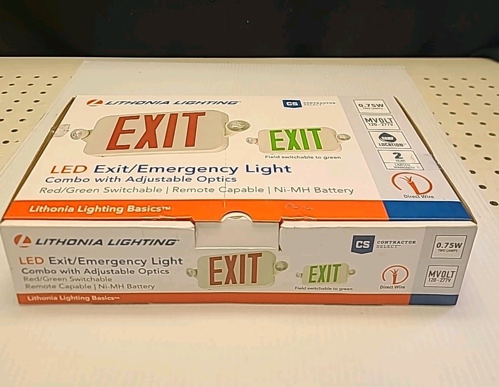 LITHONIA LED EXIT & EMERGENCY LIGHT SIGN COMBO ADJUSTABLE OPTICS RED/GREEN NEW