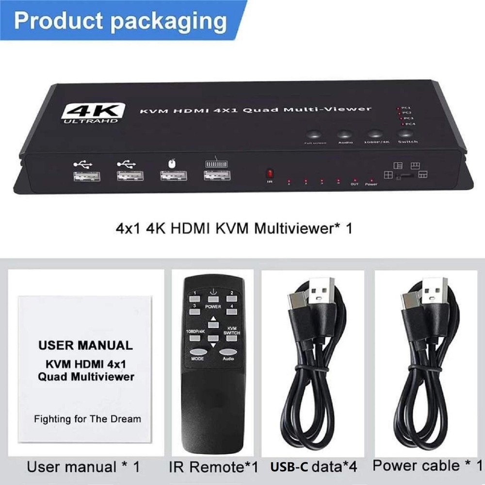 Hotkey 4K 4x1 KVM HDMI Quad Multi-Viewer Display Switch Vedio Wall Controller t