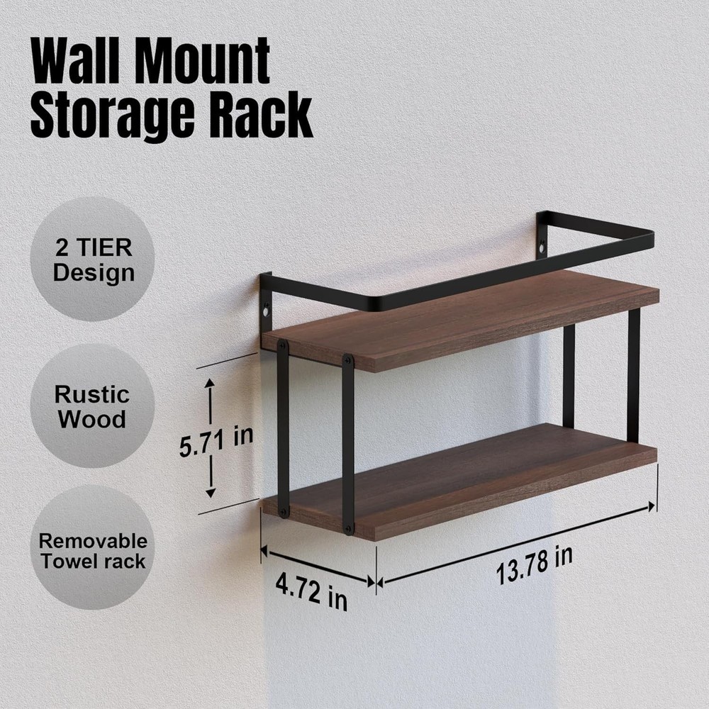 Handcrafted Rustic Brown Bathroom Shelves with Protective Rail, 20 lbs Capacity