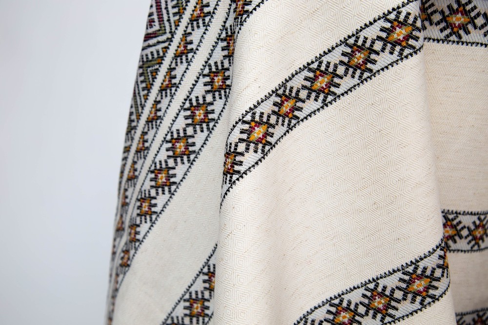 Ukrainian Decorative woven Tablecloth Beige Red Green Rustic Hutsul pattern