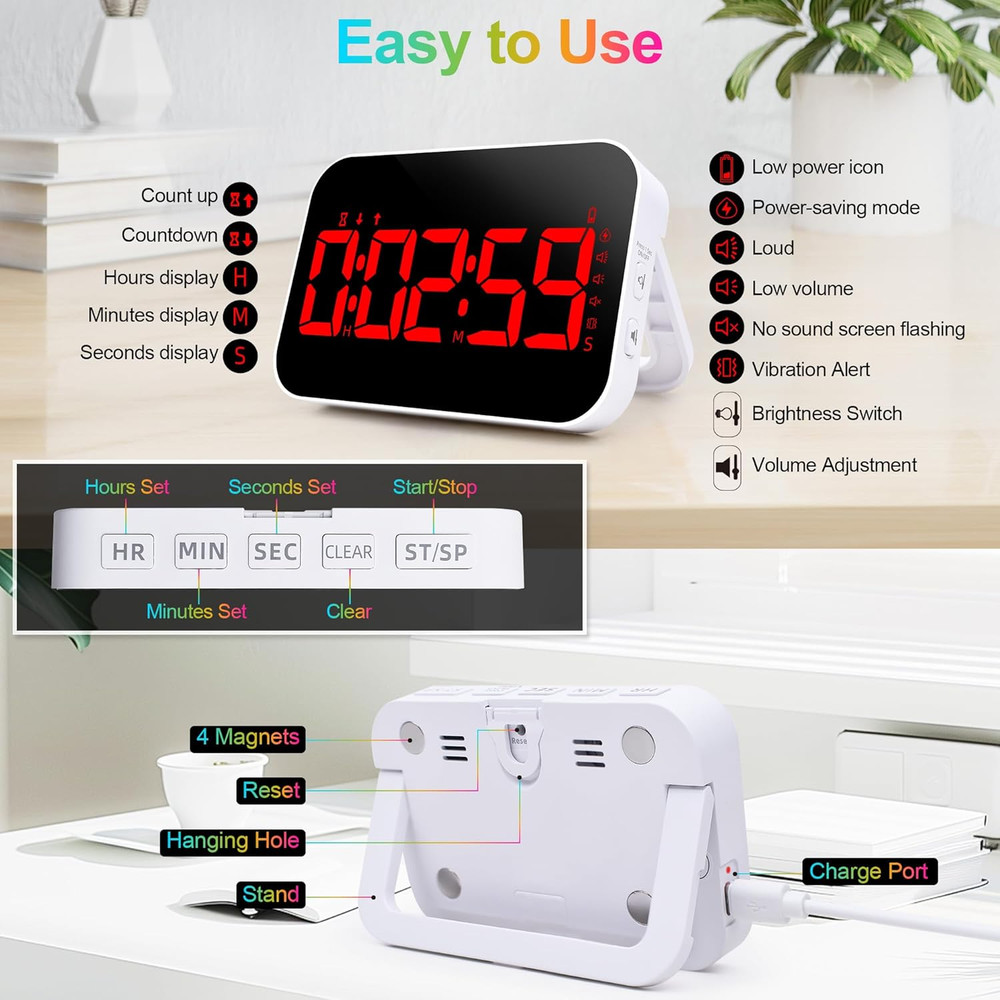 Digital Kitchen Timer, Rechargeable Magnetic Timer with Countdown/Up, 5”LED Larg