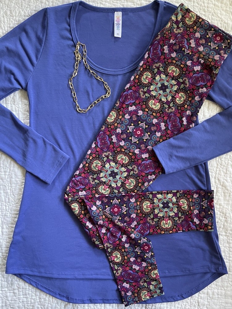 Lularoe Outfit Lynnae Top Small Solid Purple & OS Multicolor Patchwork Leggings