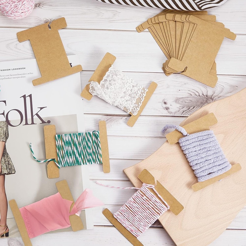 Kraft Cardboard Ribbon Organizer - 100 Elegant Spools for Creative Projects
