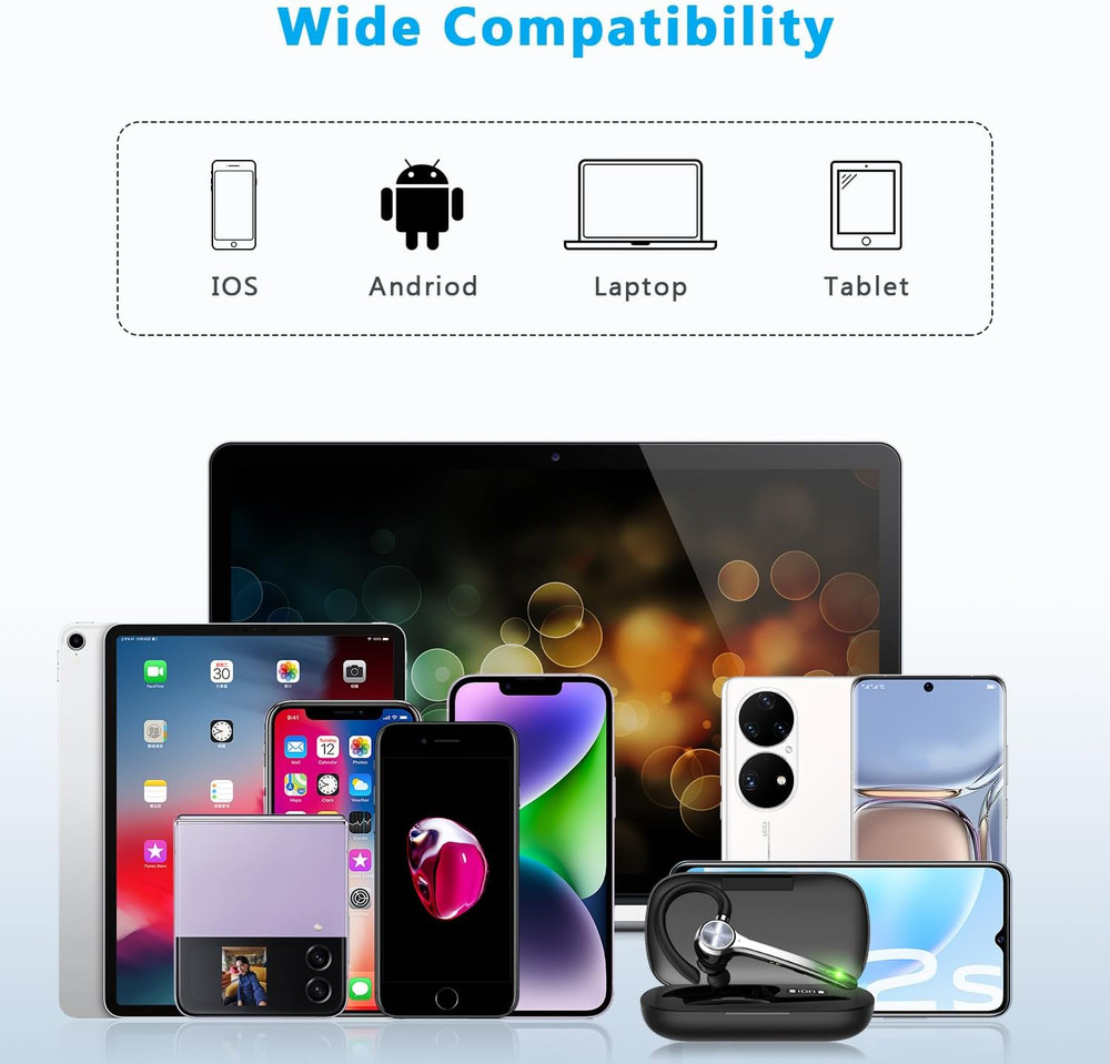 Bluetooth Headset, Wireless Bluetooth Earpiece with 500Mah Charging Case 72 Hour