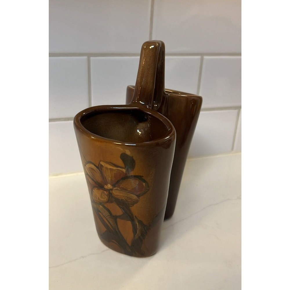 MCM Double Bud Vase Brown Drip Glaze Signed 1987
