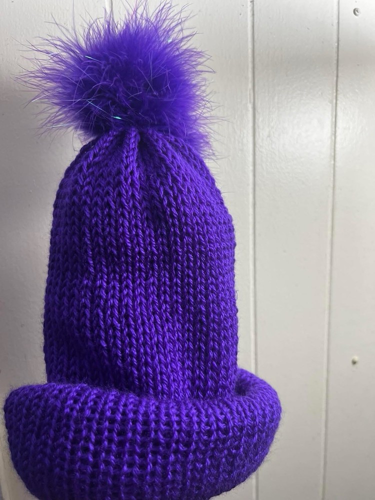 Royal Purple Handmade Beanie With Feather Pompom