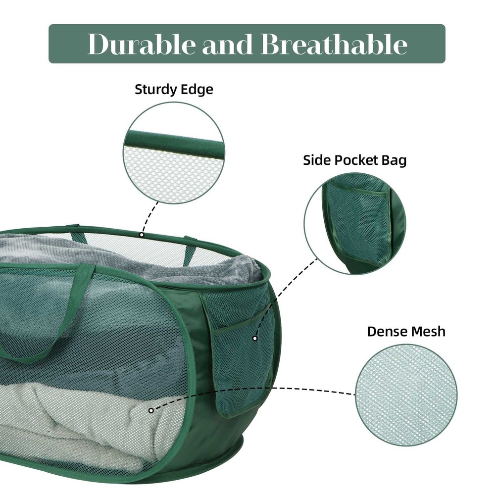 Sturdy Mesh Pop Up Laundry Hamper Collapsible Laundry Baskets with Side Pocke...