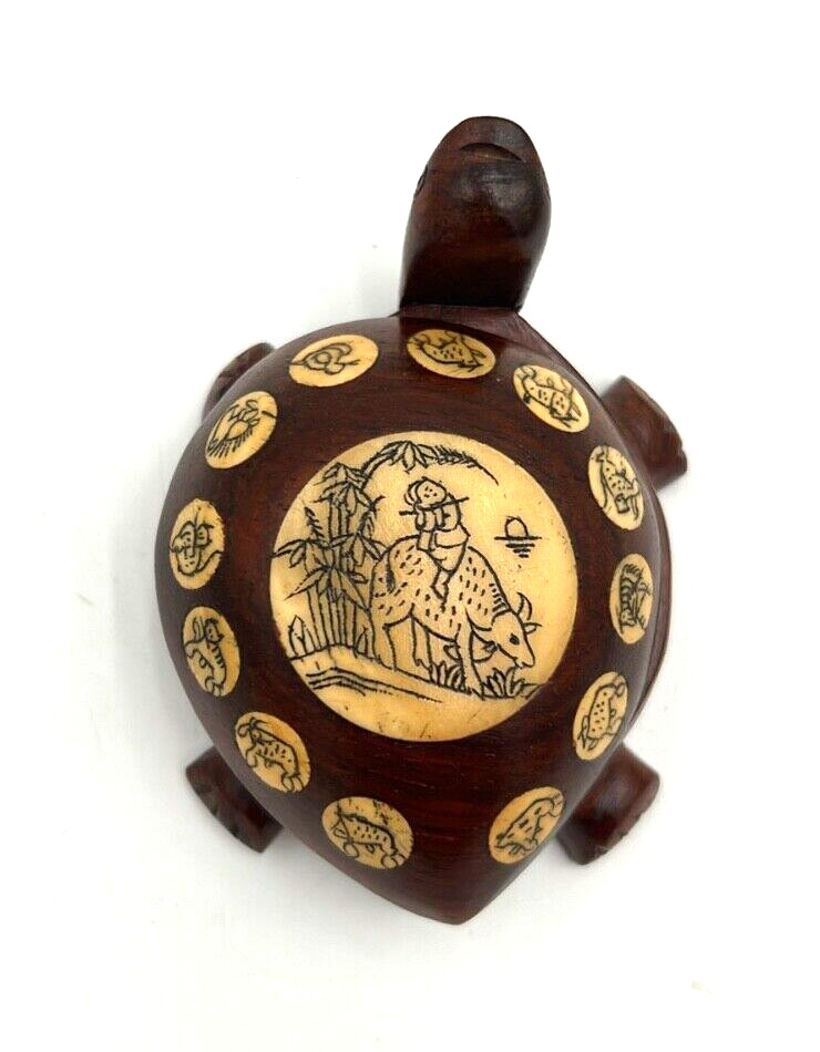 Chinese Wooden Zodiac Turtle With Compass