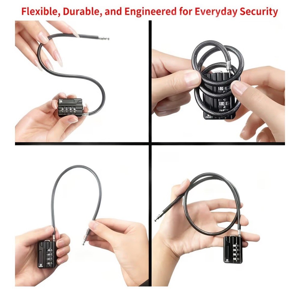 4 Digit Cable Combination Lock 20” (50cm) Flexible - 5 mm Diameter - Black